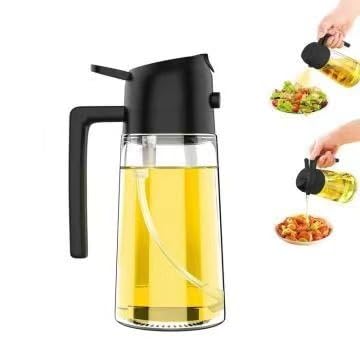 Spray y dispensador de aceite de oliva dos en uno, fácil de limpiar, de alta calidad, 470 ml, para cocinar de grado alimenticio, freidora de aire, barbacoa, ensalada, hornear, etc. (negro)