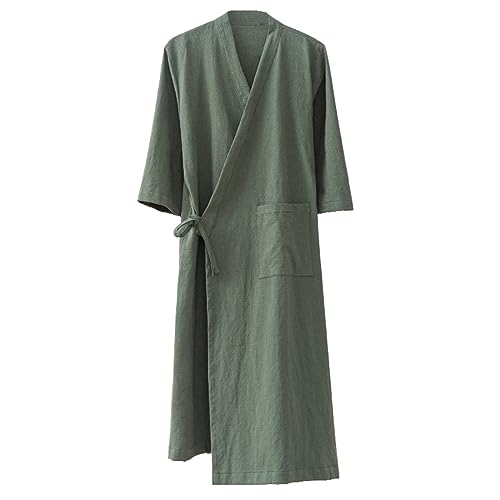 MOLUCI Albornoz de Algodón y Lino para Hombre y Mujer Estilo Japonés Absorbente de Secado Rápido Kimono Yukata Sauna,Verde,L