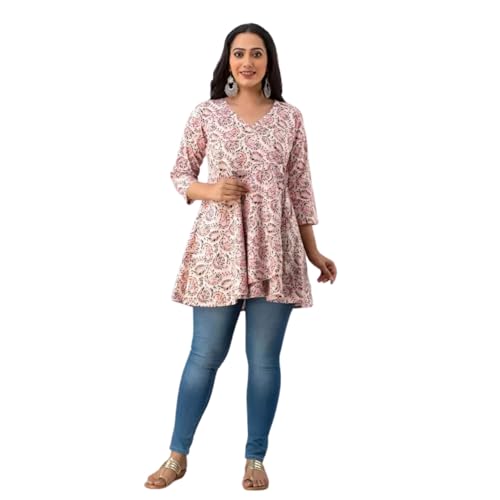 Image of LIVING ROOTS Women /Girls Cotton Angrakha Side Dori V- Neck Casual Short Kurti 3 /4 Sleeve (6041-L) Pink