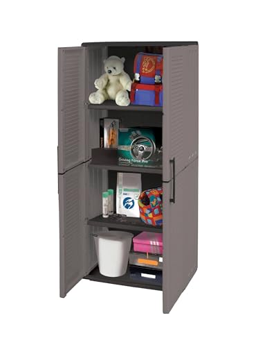 Image of Dmora Clavier Outdoor, Balcony, Multi-Purpose Cabinet with Shelves, 100% Made in Italy, 68 x 37 x 163 cm, Grey and Black, Striped Finish