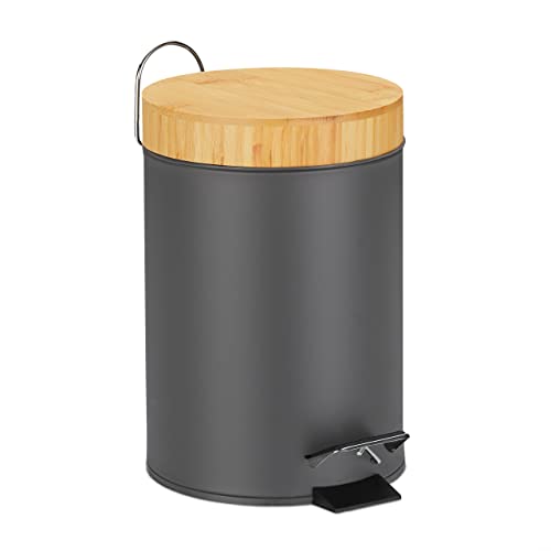 Relaxdays Mülleimer Bad, 3 l, Kosmetikeimer Absenkautomatik, Bambusdeckel, entnehmbarer Inneneimer, Treteimer, grau