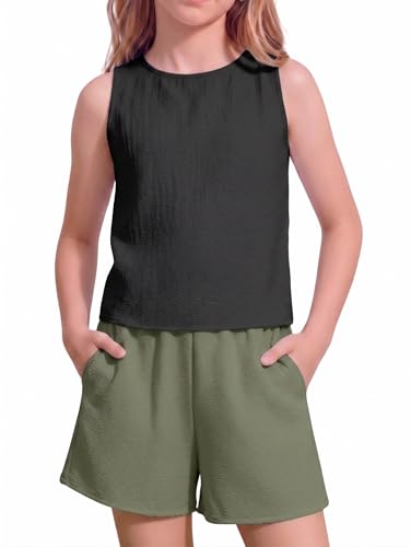 Image of Arshiner Girls Summer 2 Piece Outfit Sleeveless Top and Paperbag Waist Shorts with Pockets Kids Shorts Set Ages 5-13
