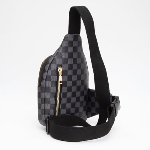 Designer Checkered Sling Bag with Gold Zippers, Grey and Black Pattern, Crossbody Strap2