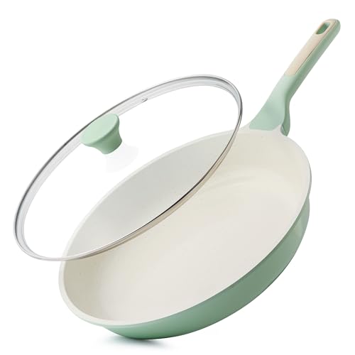 Image of SENSARTE Nonstick Ceramic Frying Pan with Lid 12.5 Inch Cooking Pan Skillet, Free of Intentionally Added PFAS /PTFE Non-toxic Chef's Pan Induction Compatible Pan, Heat Resistant Handle, Mint Green