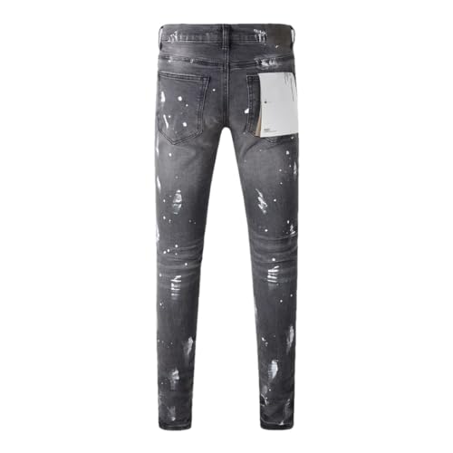 Men High Street Ripped Jeans for Four Seasons Denim Pants Personalized Purple Black Straight Jeans Black Purple 28