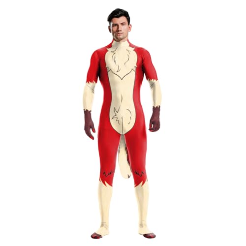 Image of Animal Full Bodysuit for Men Muscle Spandex Jumpsuit Furry Costume with Big Tail for Adult Cosplay Halloween Party