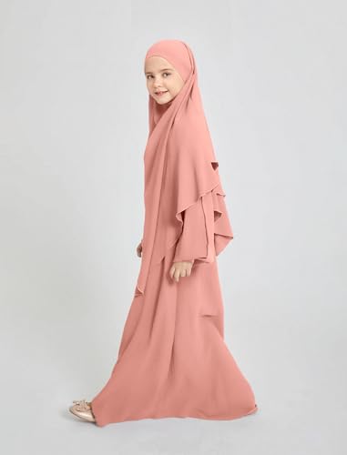 IKADEX Muslim Dress for Girls Islamic Prayer Abaya Long Sleeve Solid Color Chiffon Kaftan Robe Dresses with Hijab and Pocket3