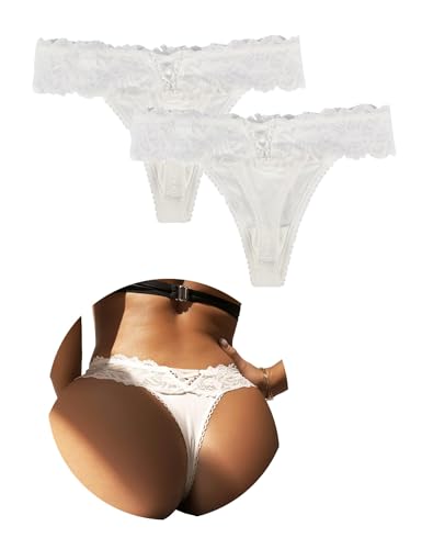 Image of ohyeahlady White Thongs for Women Multipack Satin Lace Brazilian Knickers Bowknot Hipster Sexy Panties Bikini Briefs Ladies Underwear Cheeky Tangas 2 Pack Size UK 12 14
