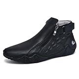 Boaobaihuo Mens Mid-Top Leather Chukka Ankle Boots with Side Zipper Casual Comfortable Round Toe Non-Slip Flats Loafers for Walking Outdoor Hiking (Black,12)