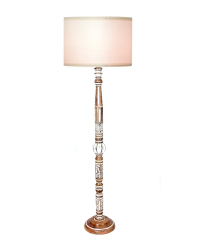 Image of Homesake Royal Carving Antique White Finish Wooden Floor Lamp for Living Room | Light Decoration for Home Corner Lamp for Living Room Bedroom Bedside | Standing Lamp | KD Off-White Drum Shade