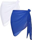 2 Pieces Sarong Cover Ups for Women Beach Bathing Suit Wrap Sheer Short Skirt Bikini Chiffon Scarf for Swimwear (White and Blue