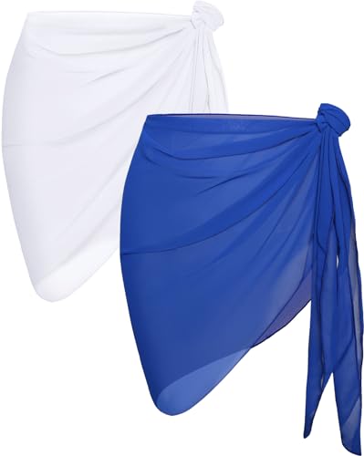 2 Pieces Sarong Cover Ups for Women Beach Bathing Suit Wrap Sheer Short Skirt Bikini Chiffon Scarf for Swimwear (White and Blue