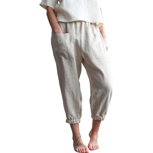 Generic Elastic Waist Pants for Women Petite Short Plus Size Work Dressy Capri Casual Summer Loose Fitting Lightweight Cropped Yoga Pants with Pockets Joggers Dressy Capris Pants Khaki Small