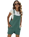 Himosyber Women Cotton Blend Shortall Linen Dual Pocketed Adjustable Strap Cream Pinafore Overall Romper (Green-Medium)