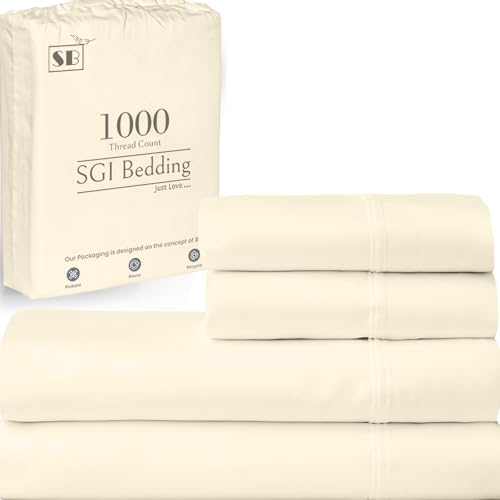 SGI 1000 Thread Count Egyptian Cotton Twin Sheet Set – Ultra Soft, Deep Pocket 15” Fitted, Breathable & Hotel-Quality,Luxury 4-Piece Premium Bedding Set for Crisp, Durable Comfort – Cream