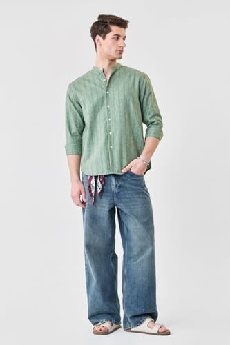 Image of SNITCH Men Casual Shirt | Regular Fit Full Sleeve Mandarin Collar Striped Design | Polyester Cotton Linen Blend & Breathable Fabric for Smart Casual