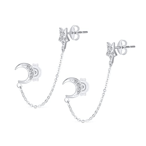 Boucles d'oreilles double perçage croissant de lune et étoiles en argent .925 pour femme