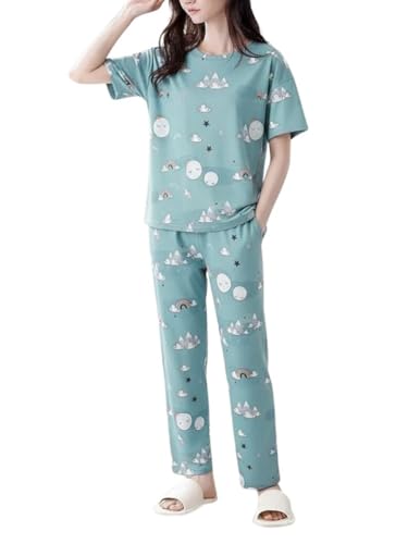 Image of Women's Korean Style Night Suit Set | Cotton Half Sleeve Top & Pyjama Set | Round Neck Printed Nightsuit | Comfortable Nightwear & Loungewear for Women | Sleepwear Pjs Lounge Set |Co-ords Outfit