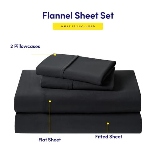Image of Flannel Sheets Warm and Cozy Deep Pocket Breathable All Season Bedding Set with Fitted, Flat and Pillowcases, Queen, Black