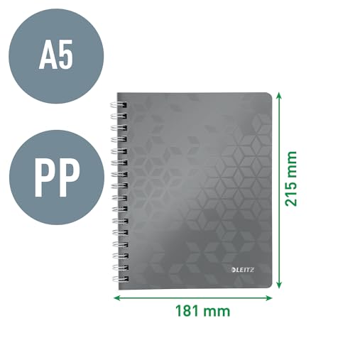 Leitz WOW Collegeblock A5 kariert, 160 Seiten, 80 Blatt FSC-zertifiziertes Papier 80 g/m², Doppelspiralbindung, PP-Einband, Notizbuch mit Sichthülle und Lineal, Für Büro oder Schule, Schwarz, 46410095