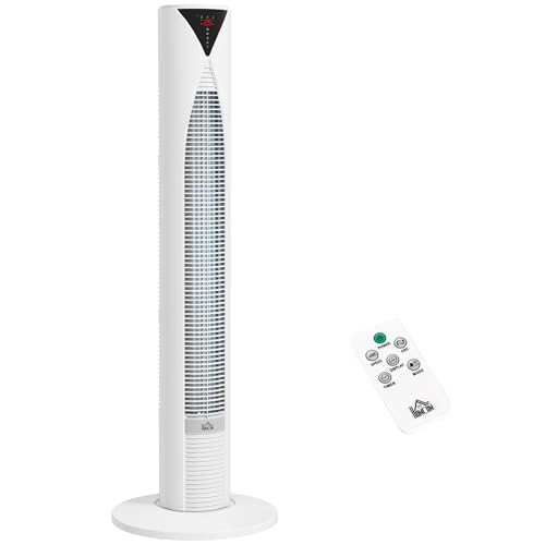 HOMCOM Ventilateur colonne, avec télécommande, minuterie 12 heures, mode veille, 3 vitesses, ventilateur tour oscillant pour maison, chambre à coucher, bureau, blanc
