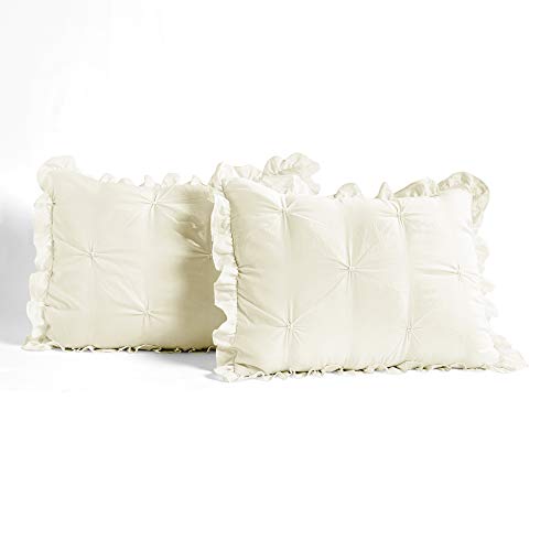 Lush Decor Ravello Pintuck Ruffle Skirt Bedspread Vintage Chic Farmhouse Style Lightweight 3 Piece Set, Queen, Ivory #TOP2