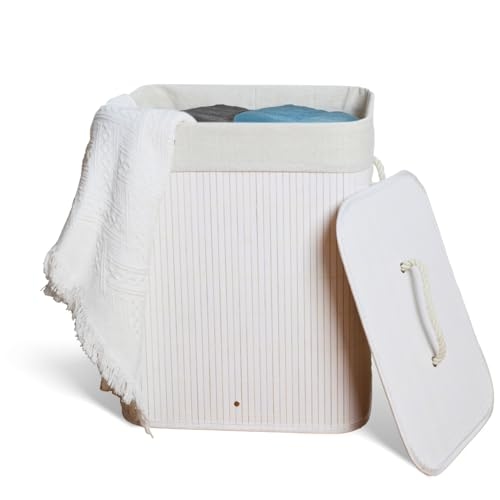 Cesto De Roupa Suja com Alças Em Bambu Com Tampa Forrado Banheiro Lavanderia Quarto