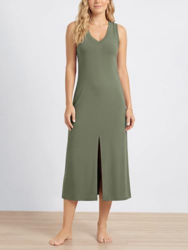 Image of ODODOS Modal Soft Front Split Midi Dress for Women, V Neck Sleeveless Casual Summer Tank Dress
