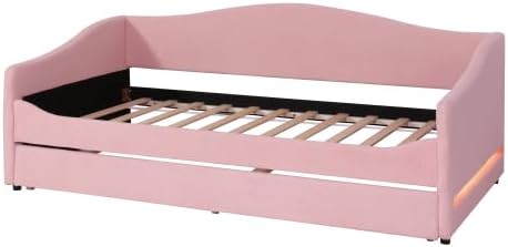 Miniatura 26 de MERITLINE Sofá cama tapizado de tamaño individual con nido y LED, marco de cama de día de forro polar con listones de madera maciza, sofá cama