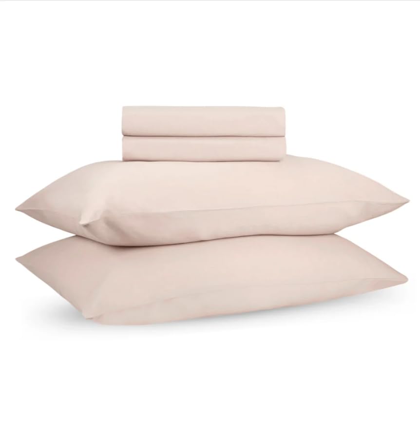 Image of Terra Pink Queen Fitted Percale Temperature Regulating Bedsheet Set - 100% Cotton, Soft Fitted Bedsheet 80x60 in + Pillow Covers 18x27 in, Lightweight Bed Linen for All Seasons