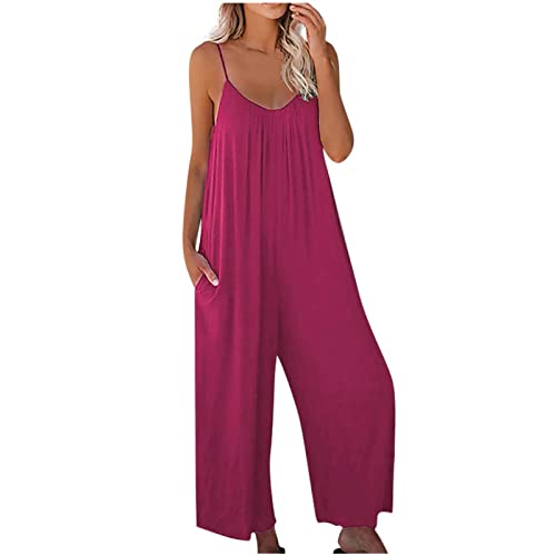 Pisexur Plus Size Jumpsuits For Women, Long Distance Relationship Gifts Casual Wide Leg Rompers With Pockets One Piece Jumpsuits Sleeveless Overalls Spaghetti Strap Lounge Long Pants Dupes Hot Pink L #TOP19