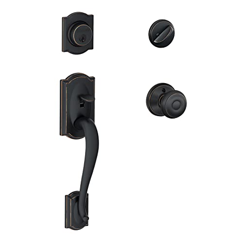 Schlage F60 V Cam 716 Geo Camelot Front Entry Handleset With Georgian Knob, Deadbolt Keyed 1 Side, Aged Bronze #TOP6
