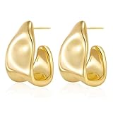 Chunky Gold Earrings for Women, 14K Gold Plated Open Huggie Teardrop Earrings, Golden Personality Irregular Geometric Earring Fashion Jewelry