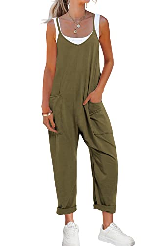 Nirovien Womens Oversized Sleeveless Jumpsuits Spaghetti Strap Loose Overalls With Pocket One Piece Rompers(A-Army Green,M) #TOP2