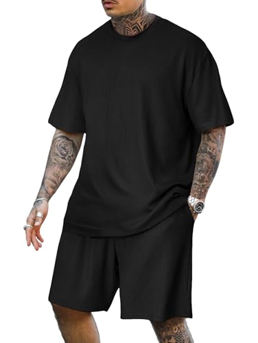 Lexiart Mens Casual 2 Piece Outfits-Short Sleeve Athletic Set Oversize T-Shirts Drawstring Tracksuit Set