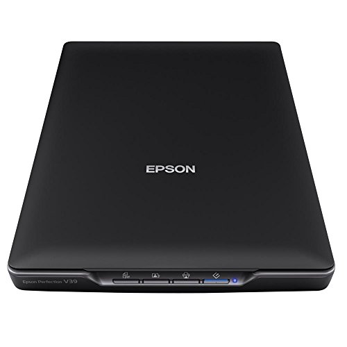 Epson Flachbettscanner Perfection V39, kompakter A4 Scanner mit integriertem Ständer für vertikales Scannen, Tischscanner für Fotos und Dokumente, mit Bildbearbeitung, schwarz/silber