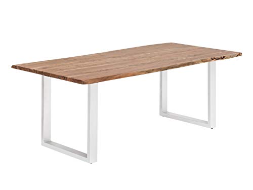 Woodkings Esstisch Bullwer 140x90 aus Holz Akazie I Massivholz Tisch,it weißem Metallfuß I Küchentisch mit Baumkante Esszimmermöbel