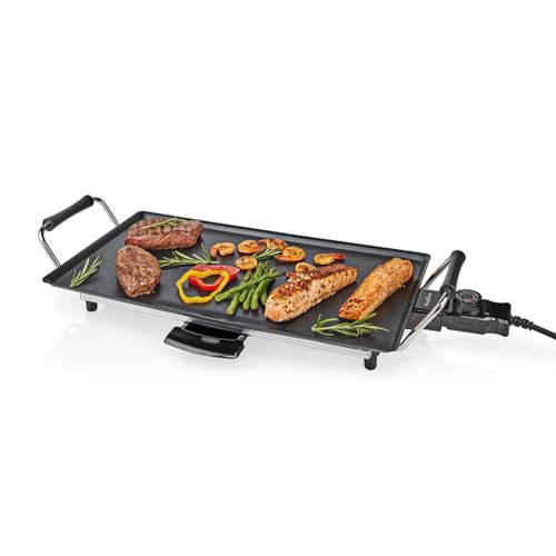 Nedis Electric Teppanyaki Grill Plate, Large Non-Stick Table Top Griddle with 47.5cm x 26.5cm Hot Plate, Adjustable Temperature Control and Drip Tray, 2000W - Black