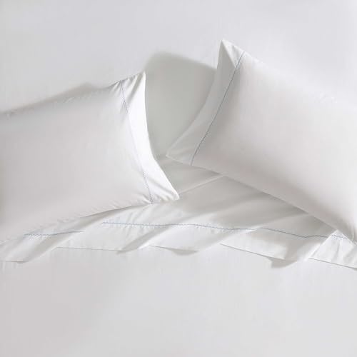 Laura Ashley - Sheet Set, Breathable Cotton Percale Bedding with Matching Pillowcases, Soft Home Decor (Scallop Blue, Queen)