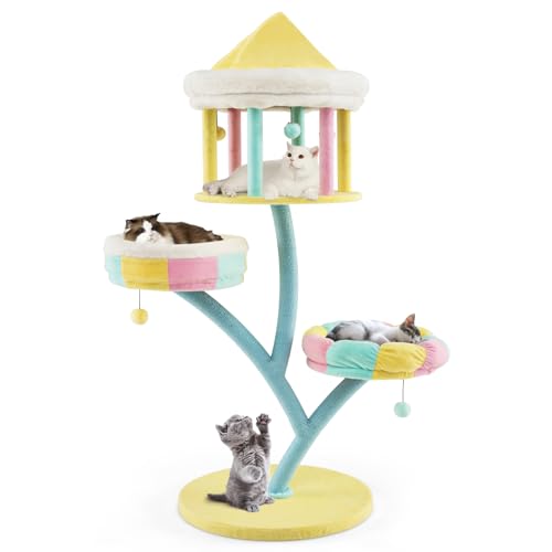 PETSITE 57.5 inch Tall Cute Cat Tree Tower, Cat Tower with Paper Rope Scratching Posts, Top Open-plan Condo, 2 Side Removable Perches, and Dangling Balls, Amusement Park Style Cat Tree for Indoor Cats