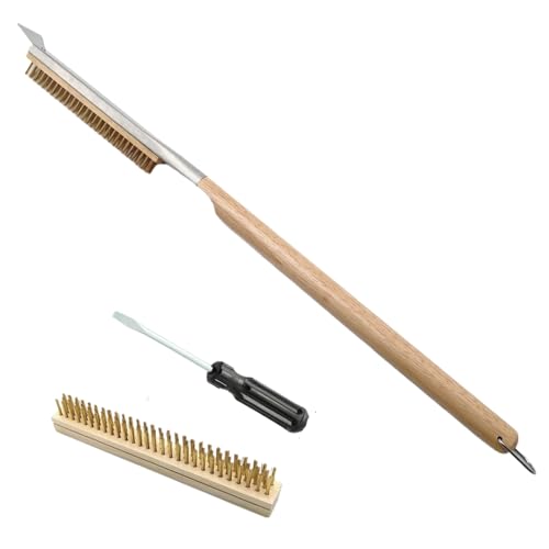 ToppYuanZea 3 Pack 26 Inch Pizza Oven Brush with Scraper and Brass Bristles, Outdoor BBQ Grill Cleaning Brush Copper Wire Pizza Stone with 1 Brush Heads and 1 Screwdriver for Picnic Camping