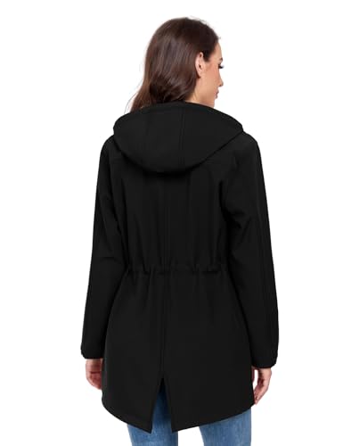 Yuson Girl Softshelljacke Damen Regenjacke Wasserdicht Windbreaker Gefütterte Softshellmantel Übergangsjacke Leicht Atmungsaktiv Wanderjacke Fleece Outdoorjacke Regenmantel mit Kapuze(Schwarz, L)