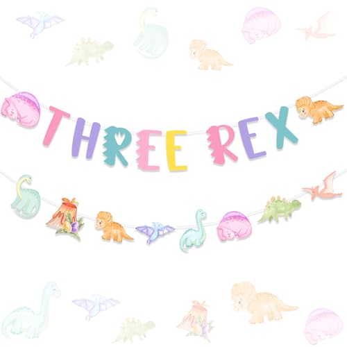 Image of Dinosaur 3rd Birthday Banner Garland Decorations for Girl, Three Rex Dino Theme Birthday Sign Banner Pastel Jungle Animal 3 Year Old Party Supplies