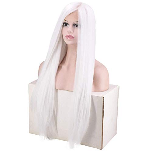 Perruque blanche dentelle frontale tissée main cheveux longs raides synthétiques - 5
