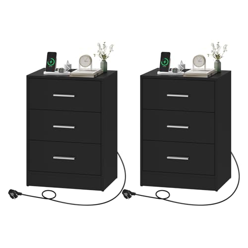 WOLTU Mesitas de Noche, Mesas de Centro con Enchufes, Mesitas de 3 Cajones, Mesillas de Noche para Dormitorio, Salón y Estudio, Negra, MDF, 39x28,5x54,5 cm