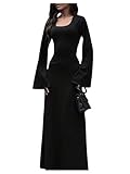 BEAUDRM Women's Long Bell Sleeve Flared Dress Elegant Square Neck Long Dresses Maxi Dress Black Small
