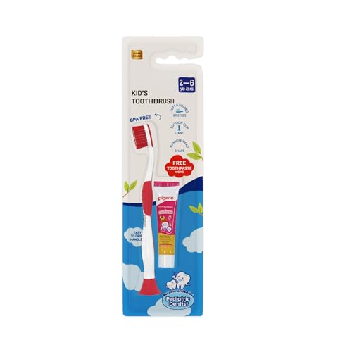 Image of Kids Toothbrush Red for 2-6 Years with FREE Toothpaste | Soft Bristles | Gentle Oral Care for Children | Easy Grip Handle | Daily Kids Hygiene Combo