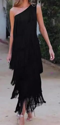 Womens Dresses One Shoulder Maxi Party Elegant Fringed Tassel Evening Dress3