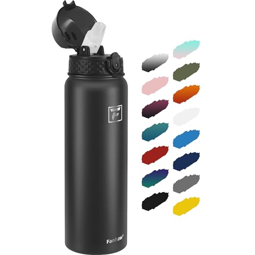 Fanhaw 32 oz Insulated Stainless Steel Water Bottle with Straw Lid, Leakproof Sports Bottle for Men, Women & Teens (Black)