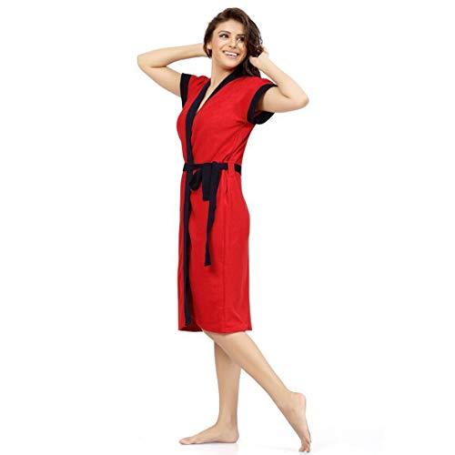 Image of bathrobes terry cotton free size bathrobe for women, bathsuit fit up to 42 inches chest size ladies - Navy Belt Red bathrobe